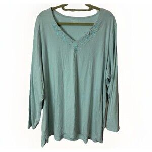 Lands End Long Sleeve V Neck Top Tunic 3X Embroidered Beaded Blue Coastal Beachy